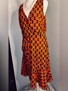 CAbi Black Midi Dress with Bright Orange Floral Print- Reversible